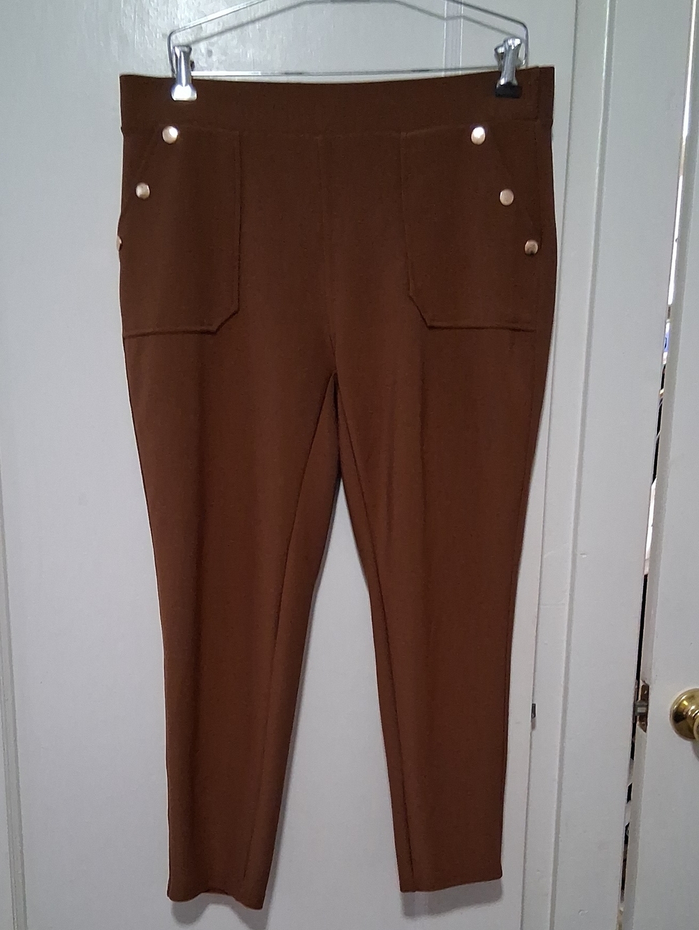 Straight Leg Brown Pull-On Pants with Button Accent Stretchy Soft